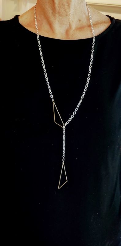 Silver chain Lariat with Gold Triangles
